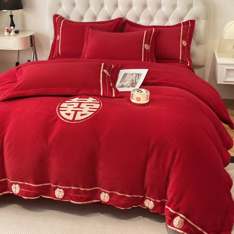 水星2024冬季款结婚加厚牛奶绒婚庆绣花四件套大红色喜被床上用品