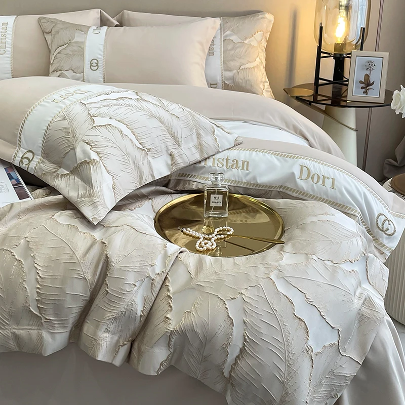 水星轻奢新家纺2024提花刺绣四件套高级美式床上用品磨毛加厚被套