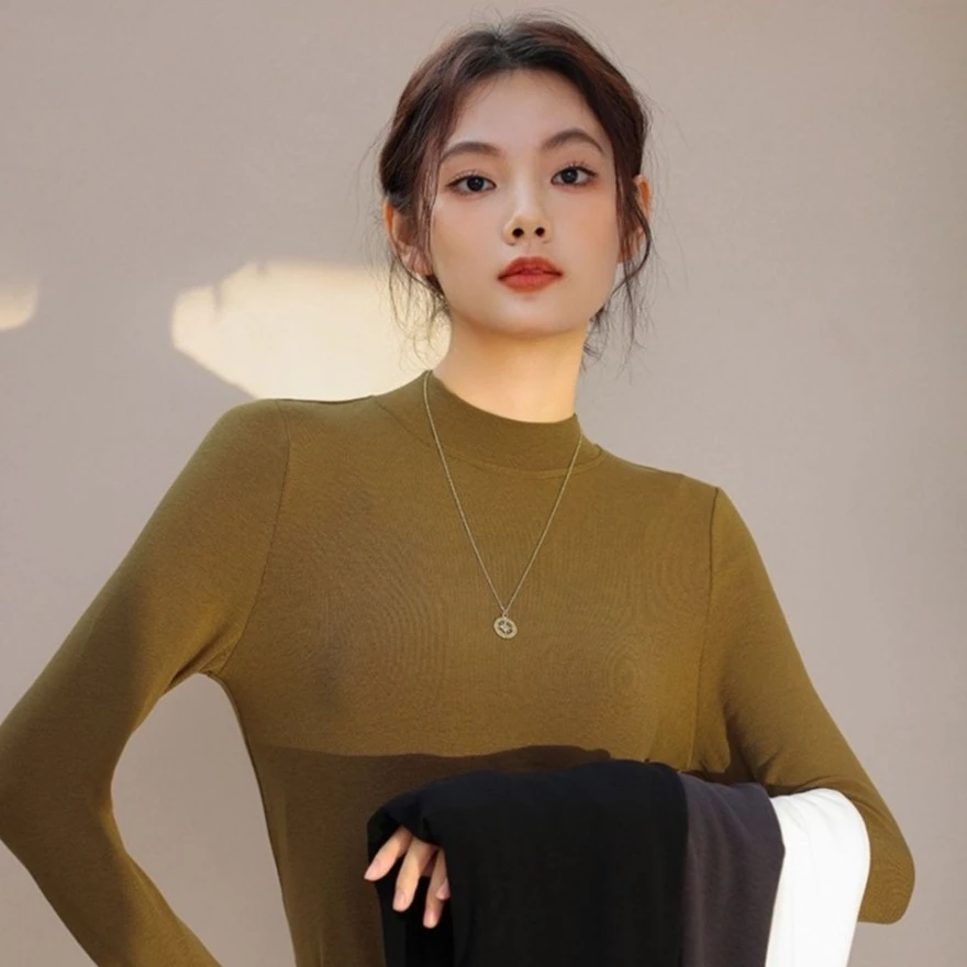 螺纹莫代尔打底衫女春秋时尚百搭气质修身显瘦纯色内搭长袖上衣女