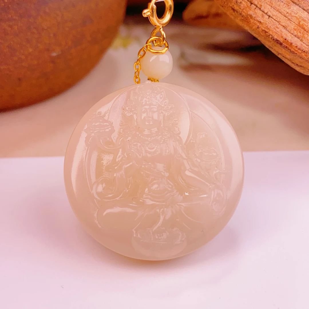 天然和田玉青海料野牛沟藕粉浓粉度母圆牌银扣吊坠挂件@4375