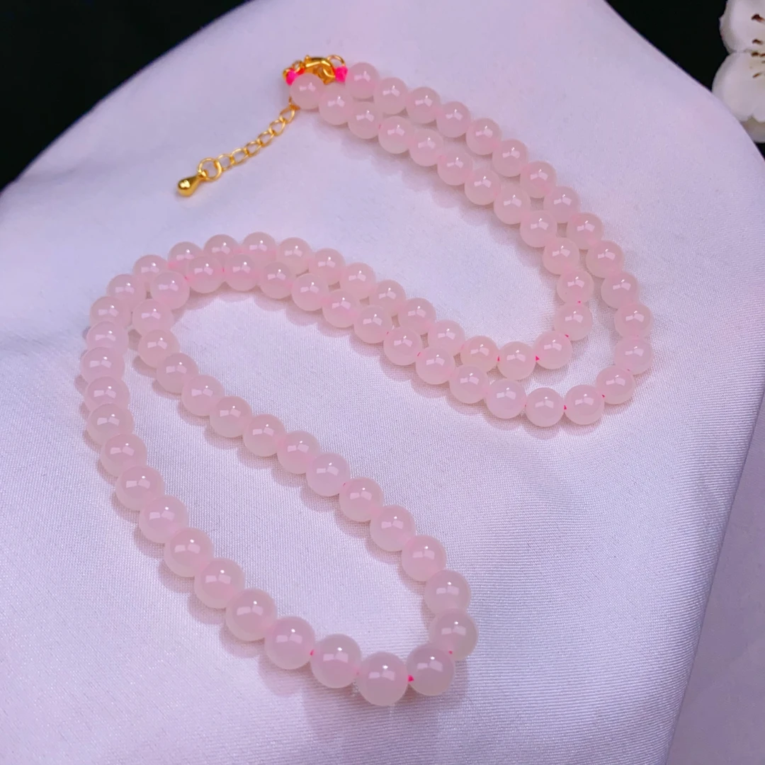 天然和田玉青海料藕粉圆珠约6mm银项链颈链锁骨链百搭女款@4094