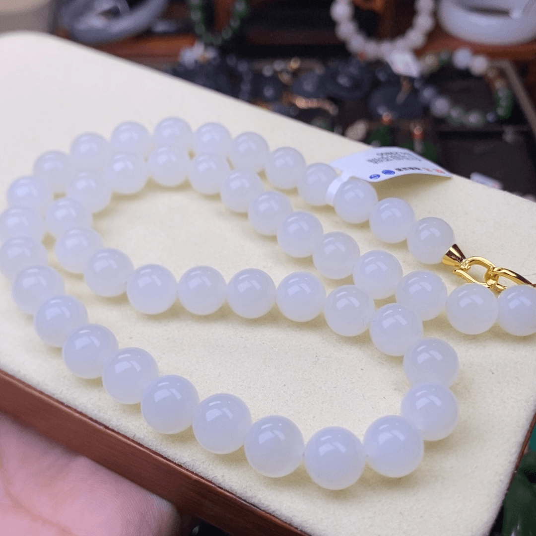 和田玉羊脂白玉精品珠链卡10mm未镶嵌