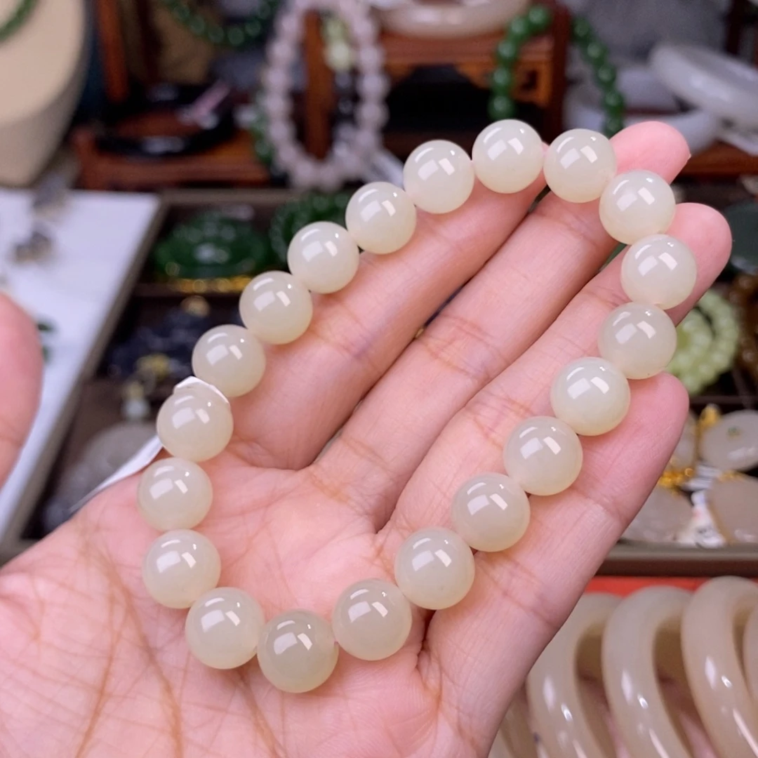 和田玉熟藕粉手链约10MM未镶嵌