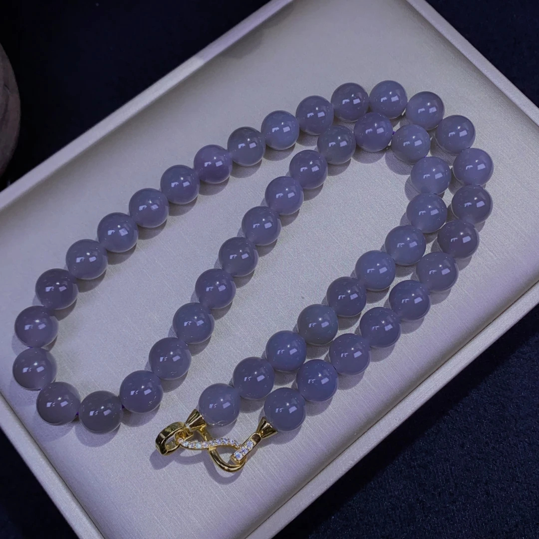 天然和田玉青海料烟紫圆珠约10mm银项链颈链妈妈链女气质款@4129