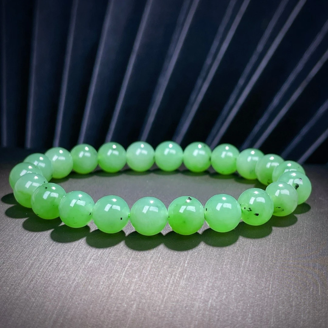 天然和田玉碧玉俄罗斯老料乌兰海苹果绿手链8mm单圈手串女@2959