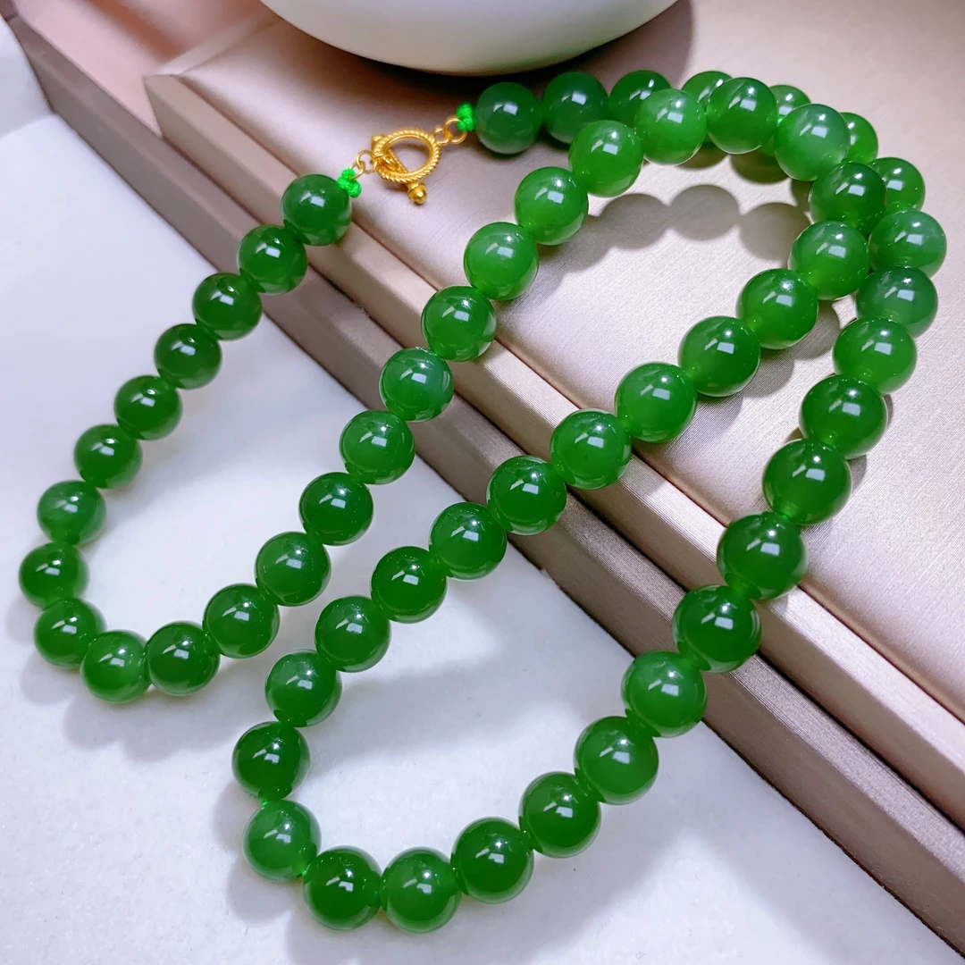 天然和田玉精品碧玉阳绿圆珠约8mm项链18.K金扣妈妈链新中式@3948