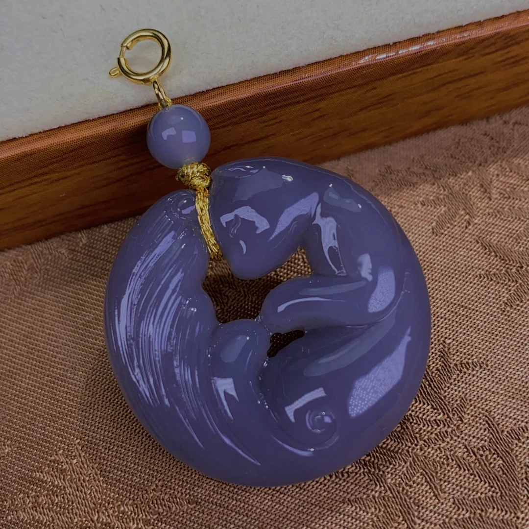 天然和田玉青海料精品烟紫浓紫凤九尾狐狸18.K金扣吊坠挂件@0060