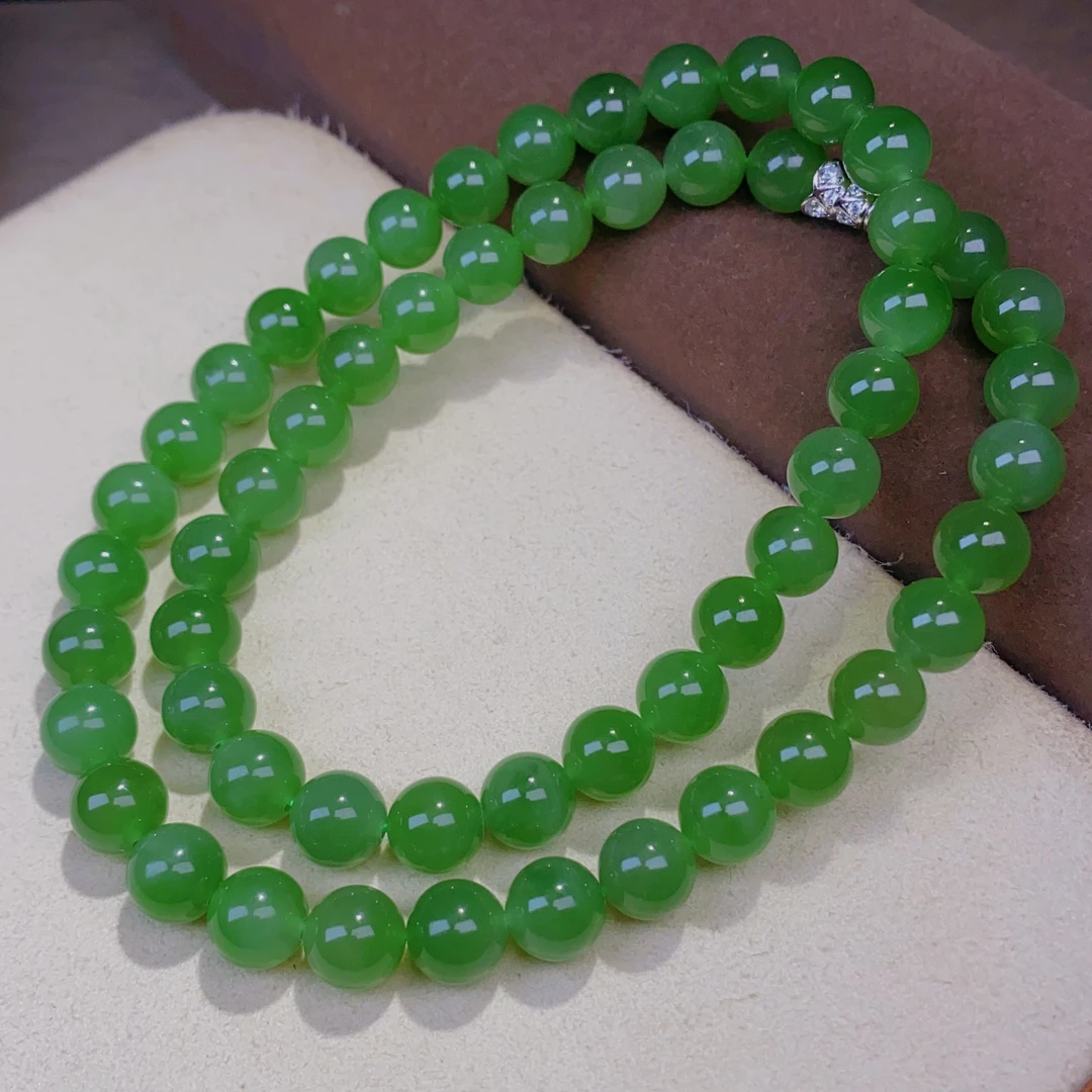 天然和田玉碧玉冰阳绿果绿圆珠约8MM银项链颈链妈妈链气质女@4325