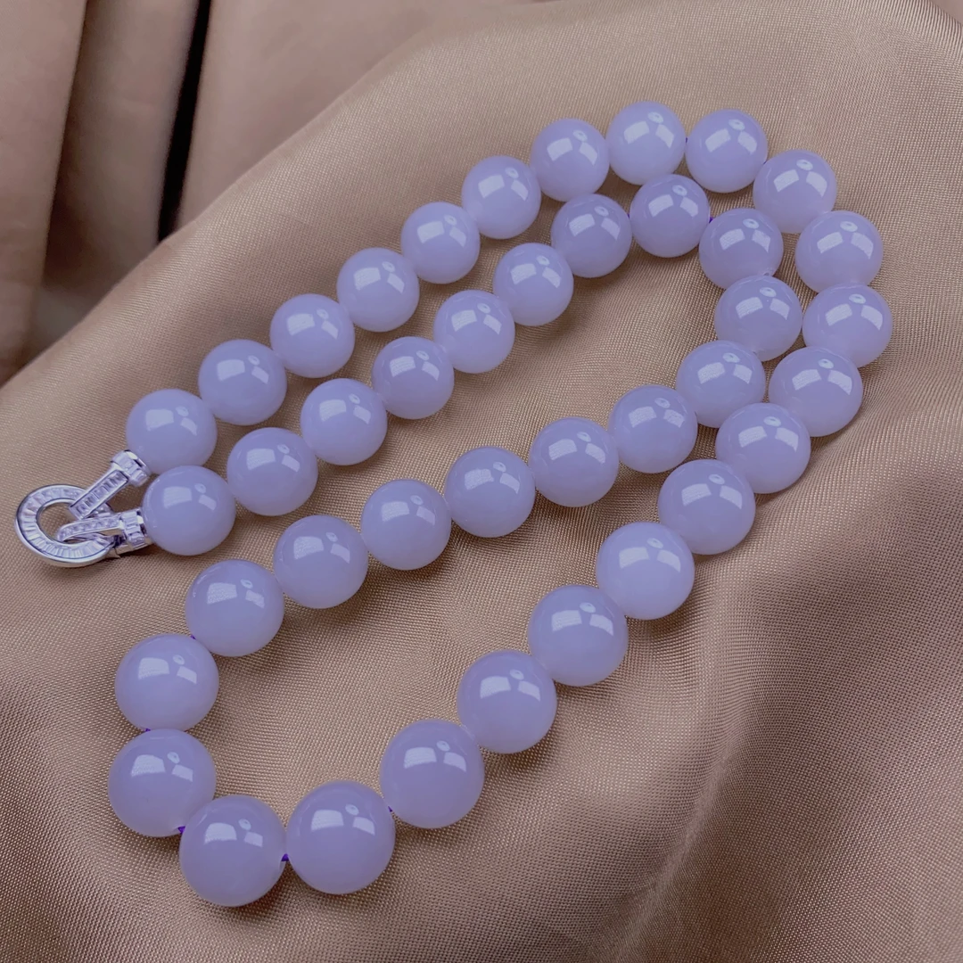 天然和田玉青海料精品烟紫细料老料圆珠约12mm银项链颈链女@4073