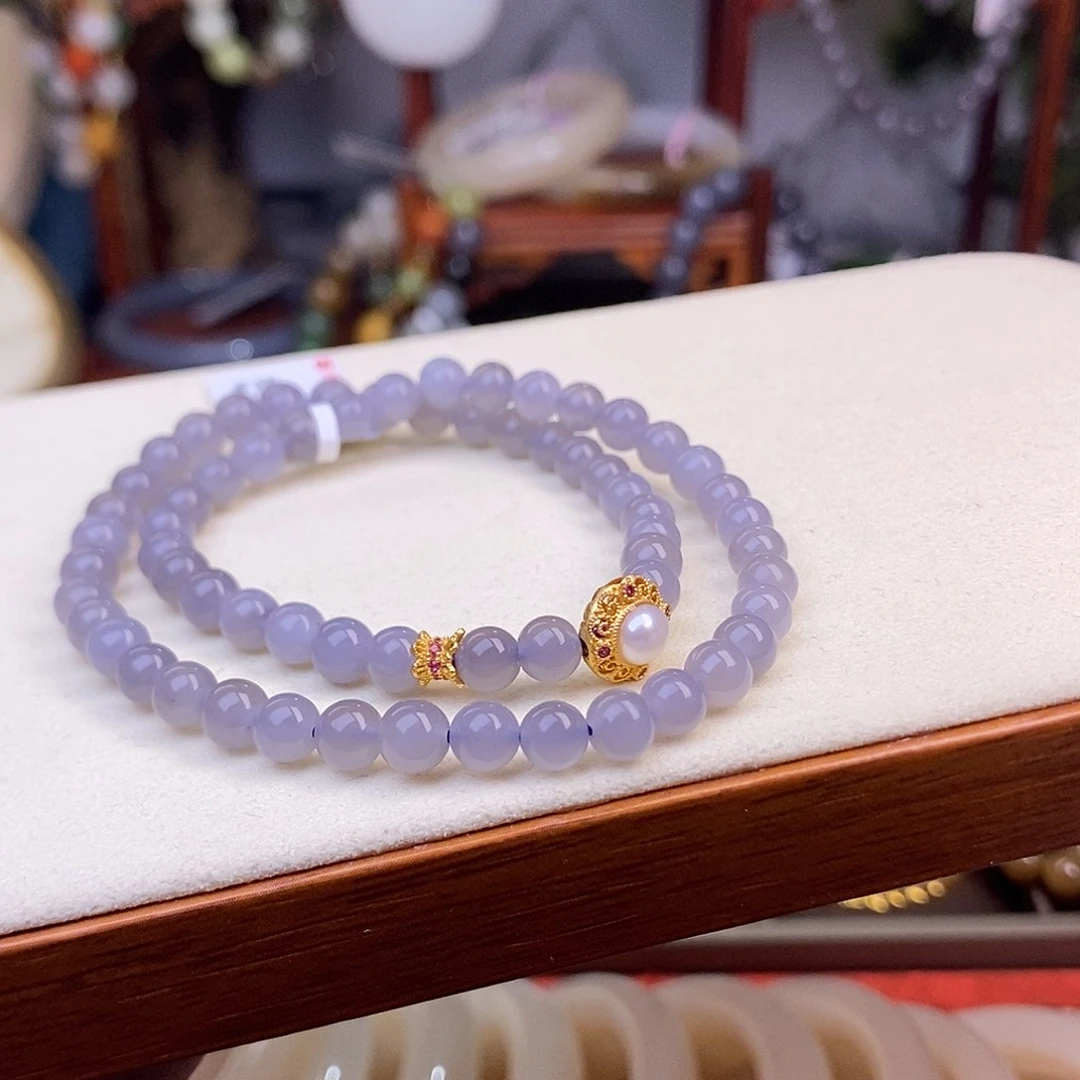 和田玉烟紫冰底老料约6mm双圈手链未镶嵌燕*?