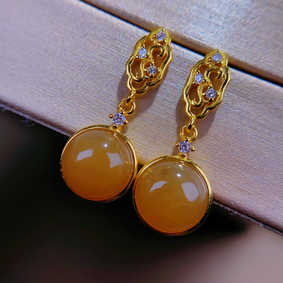 天然和田玉新疆且末糖玉糖料圆面925银耳环耳饰时尚气质女@0522