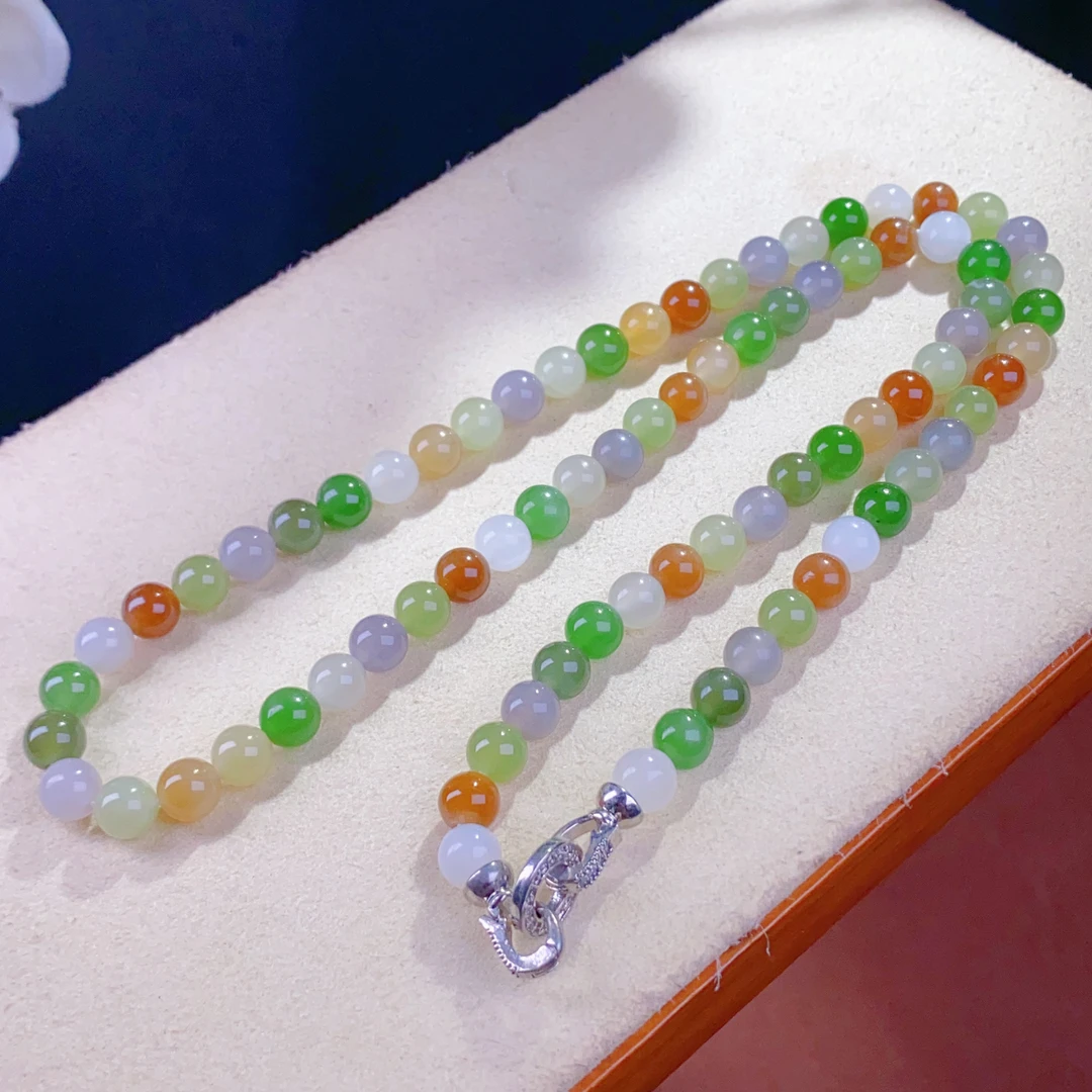 天然和田玉多宝彩色糖果福禄寿圆珠约6mm项链颈链锁骨链@4091007