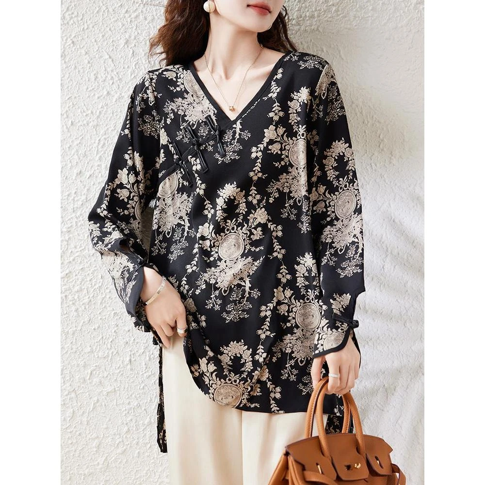 2024早秋新款大码洋气小衫显瘦遮肉时尚复古中长款衬衫宽松上衣女