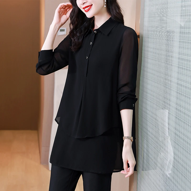雪纺衬衫女2024春秋新款时尚气质宽松显瘦中长款上衣洋气时髦小衫