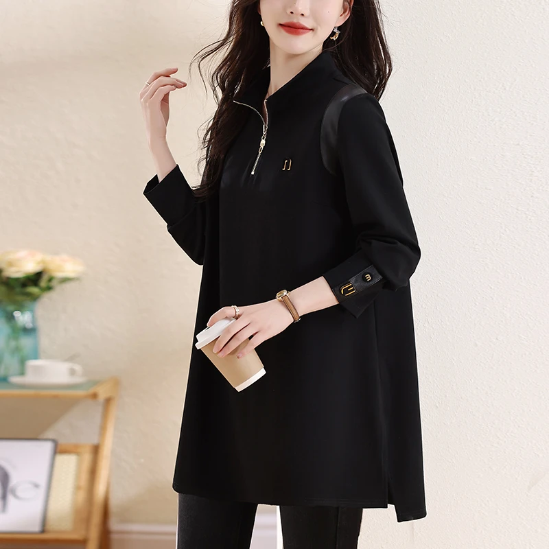 大码女装黑色立领上衣女2024秋冬新款百搭休闲衬衫中长款打底衫潮