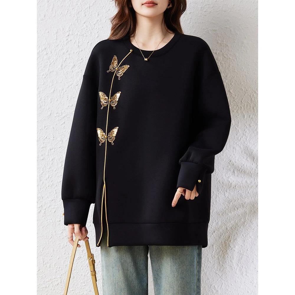 圆领蝴蝶结套头卫衣女2024秋冬新款百搭设计感宽松遮肉显瘦上衣潮