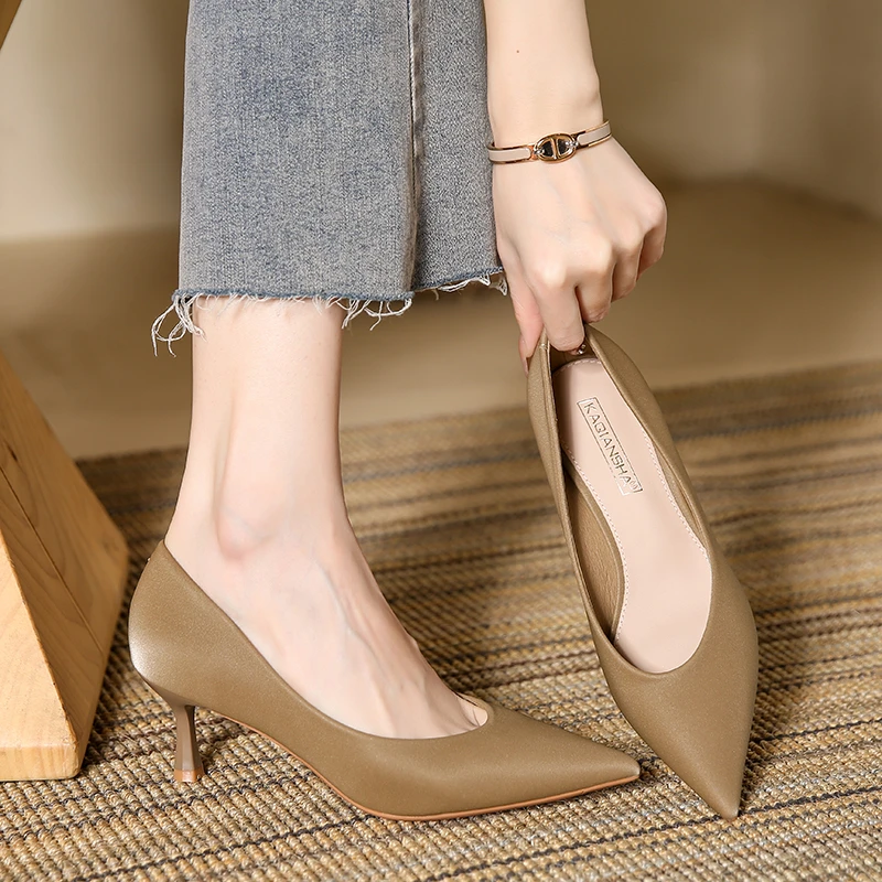 茱茱家跟高五公分高跟真皮尖头细跟单鞋跟鞋时尚气质中跟