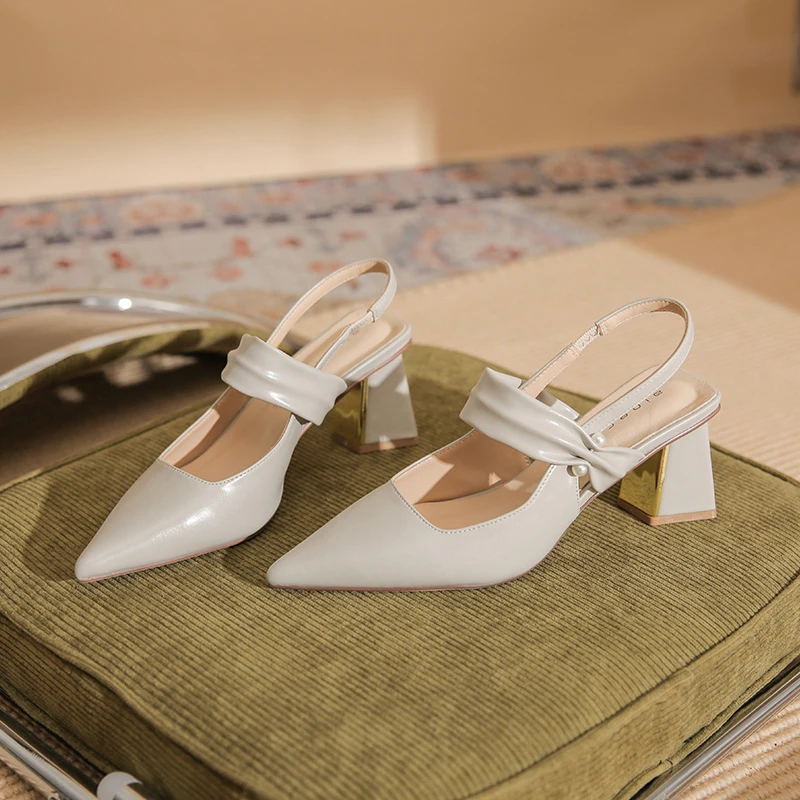 茱茱家【羊皮】尖头高跟鞋女粗跟 夏季新款包头一字带气质凉鞋