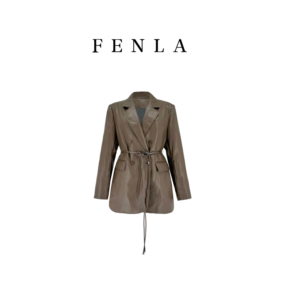 【惠姐私服】气质收腰中长款PU皮西装羽绒服女白鸭绒皮衣外套 83179