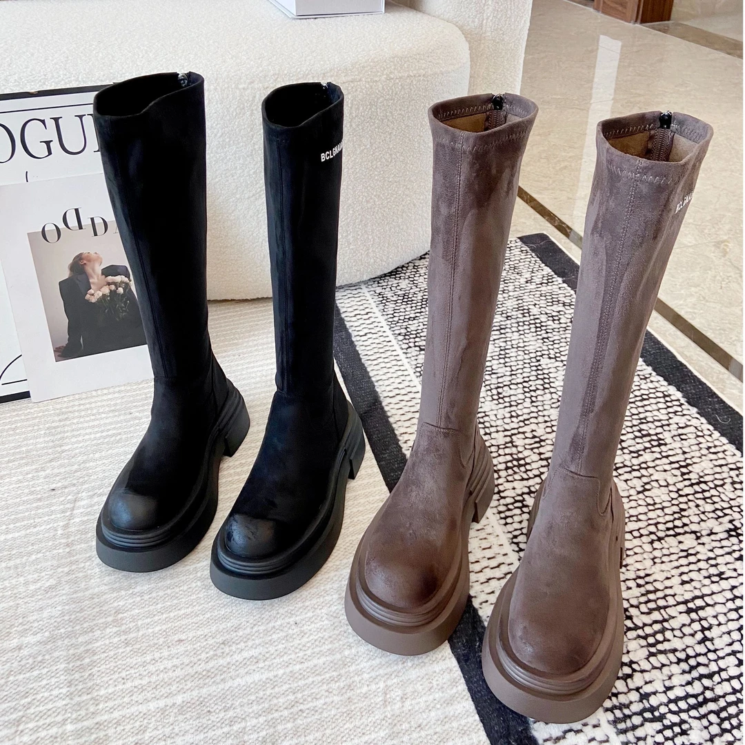 2024秋冬厚底字母不过膝长靴女新款显瘦弹力包腿长筒瘦瘦靴骑士靴