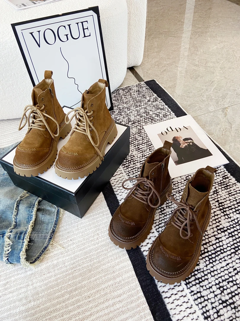 2024秋季新款真皮马丁靴登山靴时尚百搭系带侧拉链圆头休闲短靴女