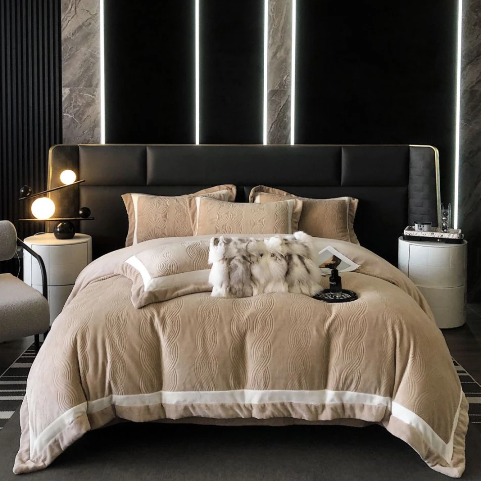 皇室嘉和格雷西绒四件套轻奢加绒加厚雕花宽边冬季保暖防静电