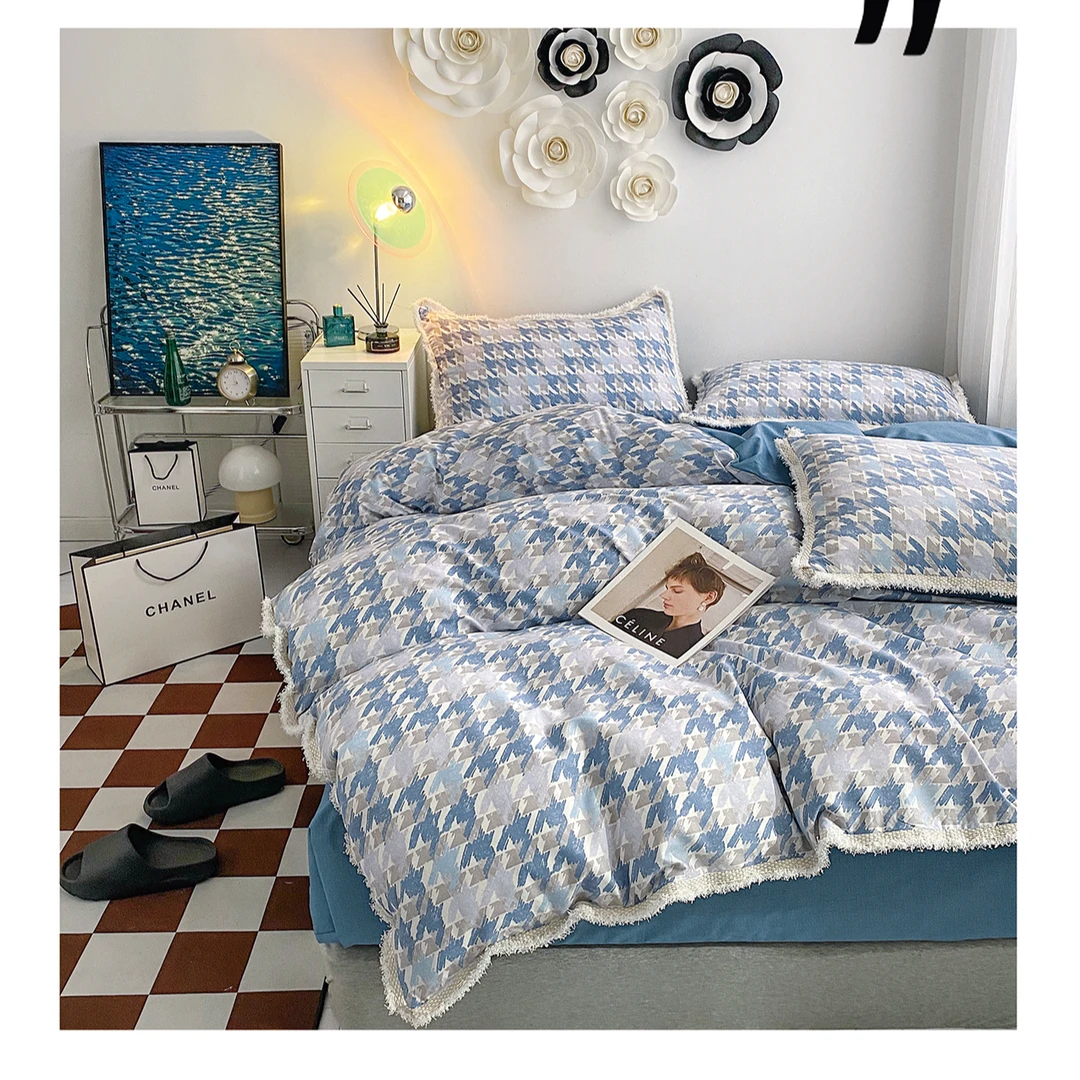 皇室嘉和香榭丽繁星蓝纯棉全棉小碎花小清新韩式公主风四件套