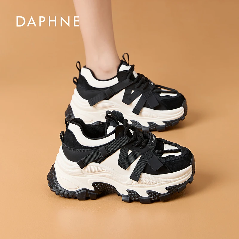 Daphne/达芙妮女鞋2024冬季老爹鞋厚底加绒拼色潮流舒适百搭个性