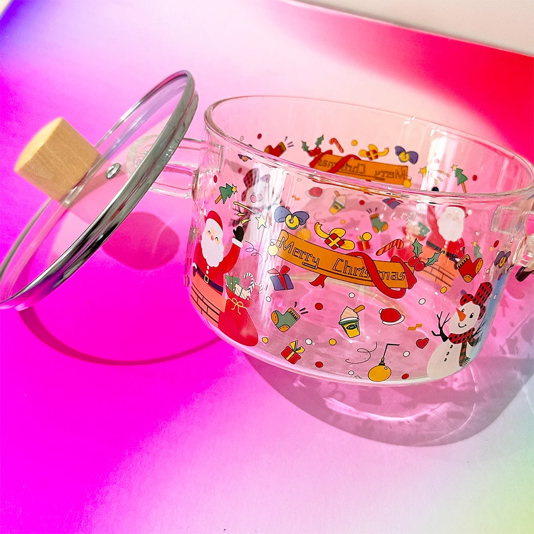 双耳锅透明圣诞款泡面锅高硼硅耐热锅辅食煮锅可明火