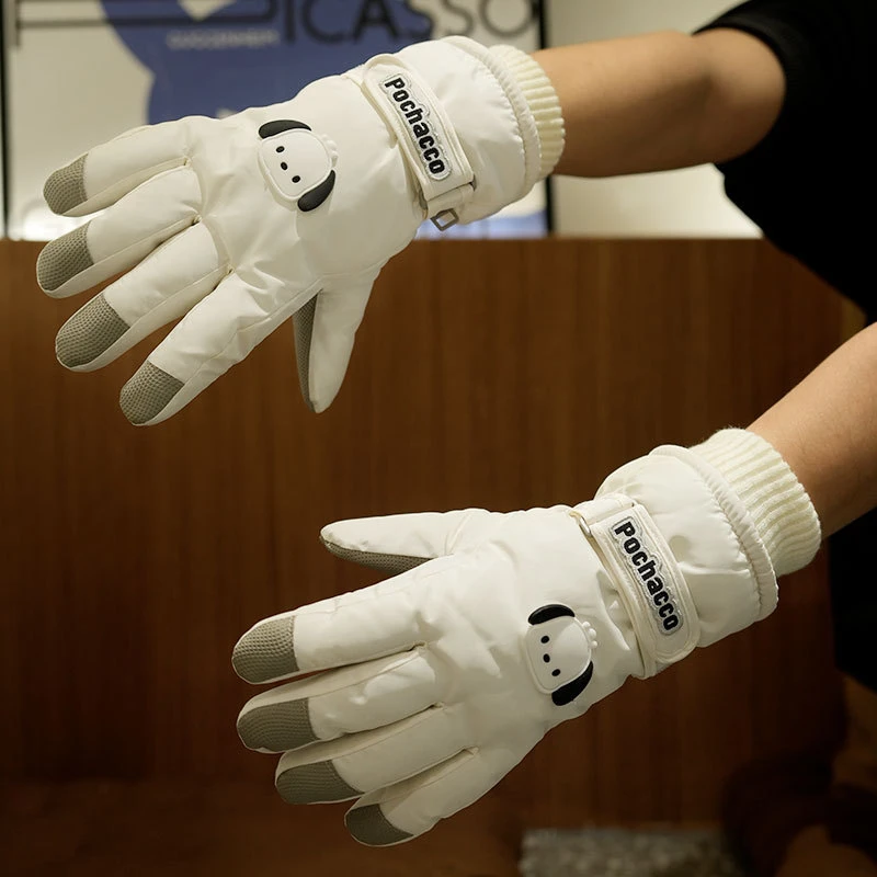 新款滑雪手套女士秋冬天加厚绒棉骑电车防风保暖防水卡通可爱触屏