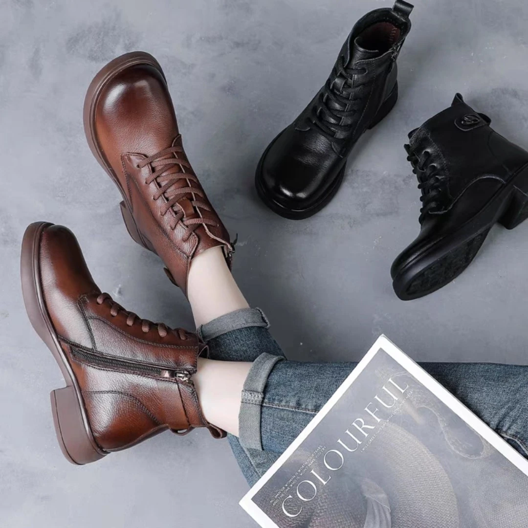 秋冬新款头层水洗牛皮复古真皮马丁靴女短靴时尚休闲百搭软底加绒