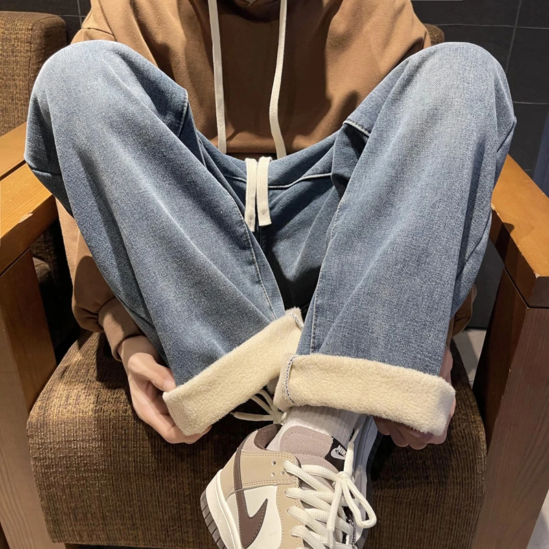 复古蓝加绒牛仔裤男直筒宽松秋冬款加厚阔腿裤美式vibe高街裤子男