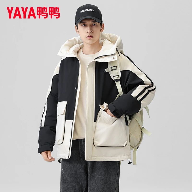 YAYA/鸭鸭羽绒服男冬季时尚2025新款短款连帽撞色拼接厚保暖外套