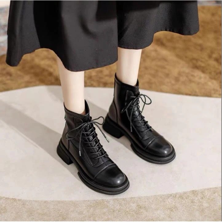 xizi/昔子1012新款秋冬马丁靴系带瘦瘦靴百搭粗跟圆头加绒保暖靴