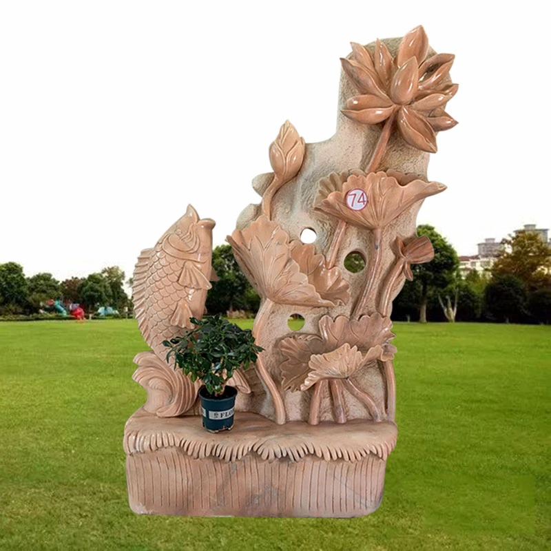 石雕荷花鲤鱼喷水室内流水大理石晚霞红石材鱼缸池户外庭院摆件品