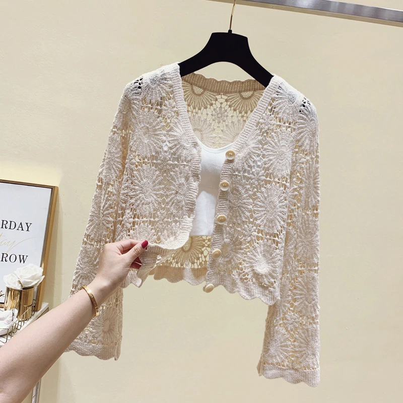 春夏2024新款镂空蕾丝小衫女长袖短款开衫外搭洋气V领上衣潮