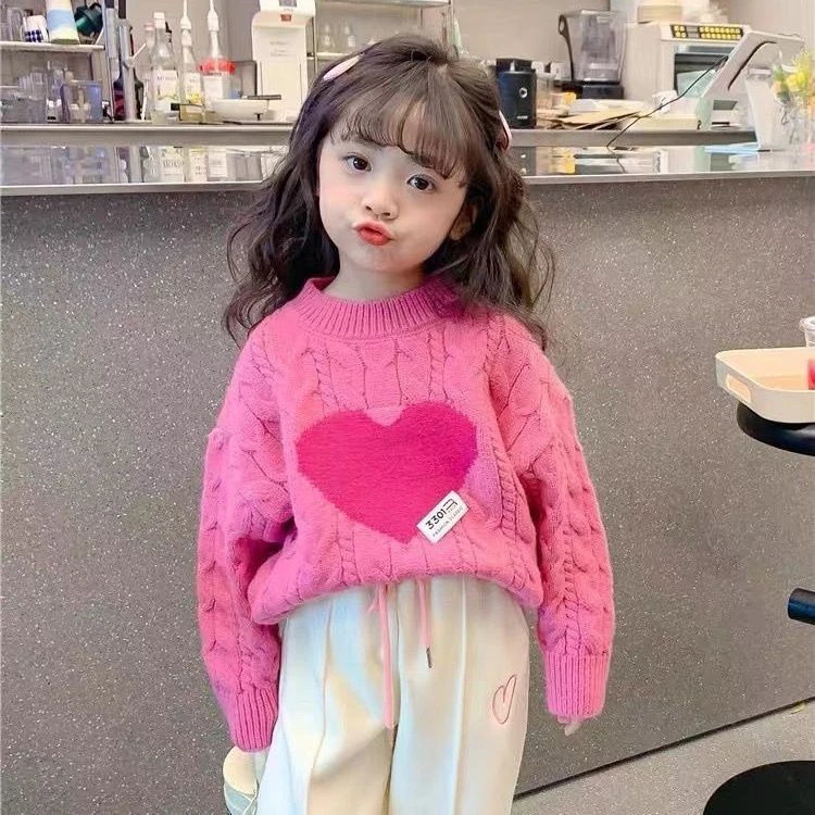 小乐趣女童毛衣爱心针织衫长袖2023秋冬新款韩版洋气宝宝线甜新款