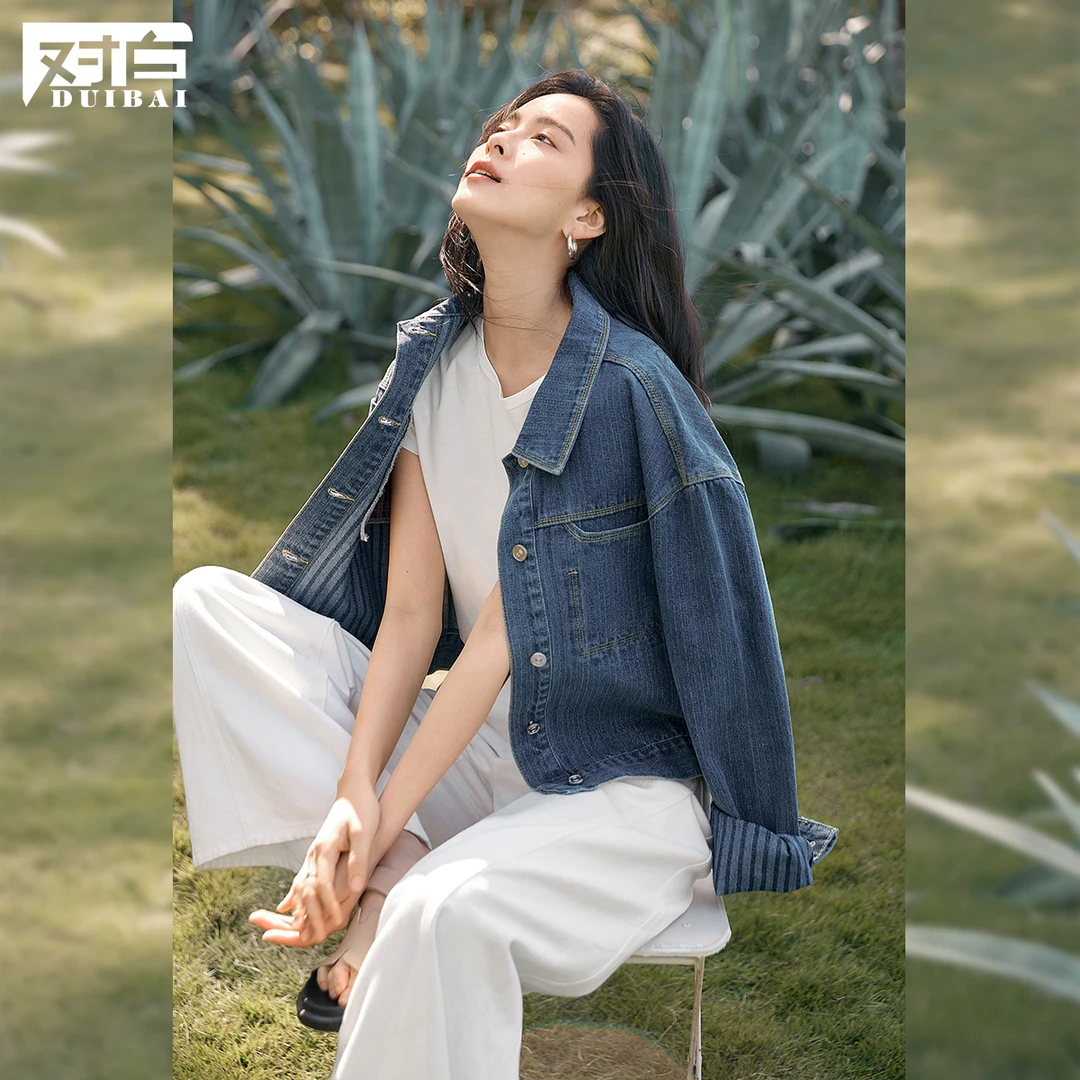 【王雪糕专属】D01对白复古丹宁竖条纹牛仔外套休闲短款上衣EDW016