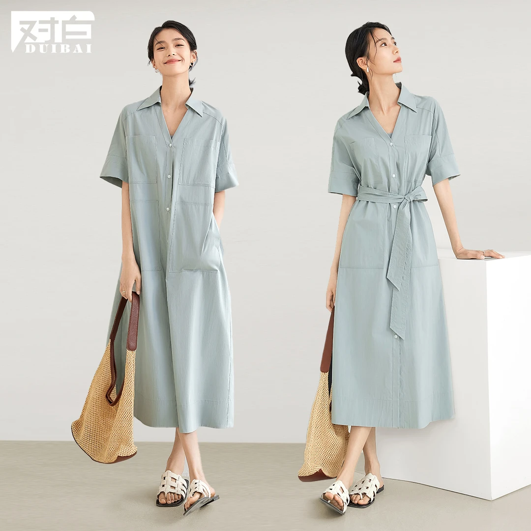 对白气质休闲V领衬衫连衣裙女2024夏季新款落肩宽松通勤显瘦长裙