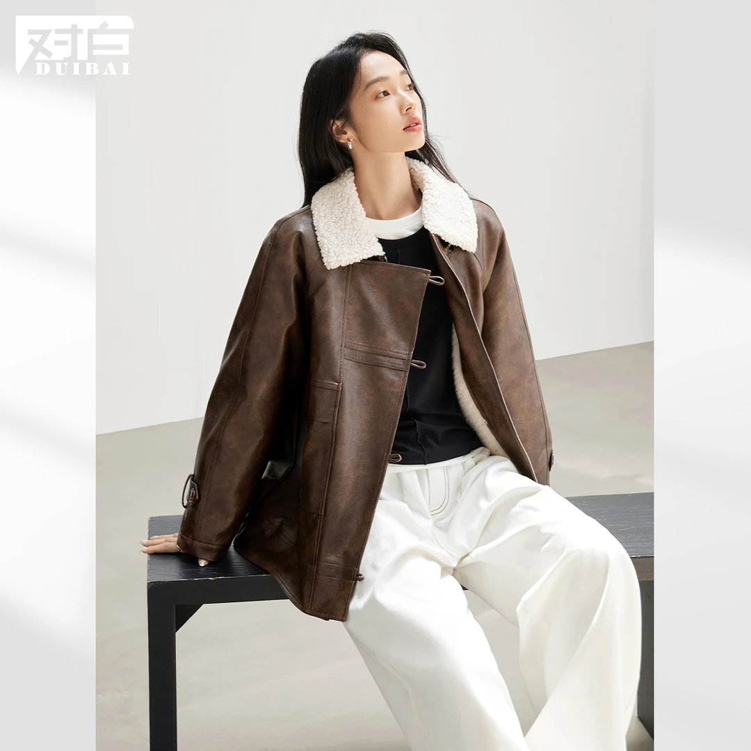 【雅丹风】对白仿羊羔毛皮毛一体棕色外套女2024秋冬短款皮夹克