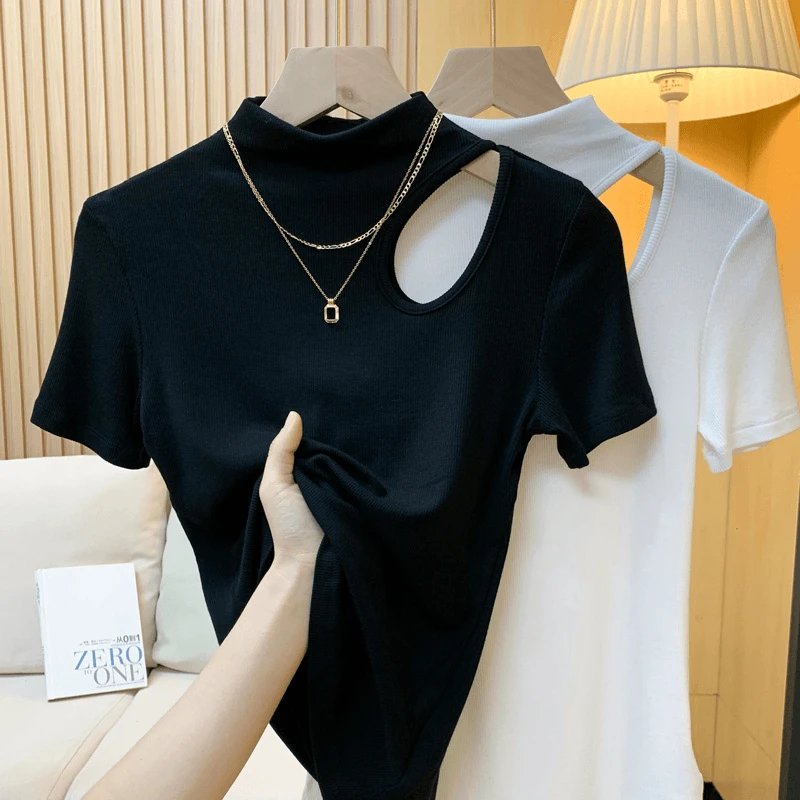 夏季新款半高领螺纹镂空短袖T恤女大码气质显瘦打底百搭修身上衣