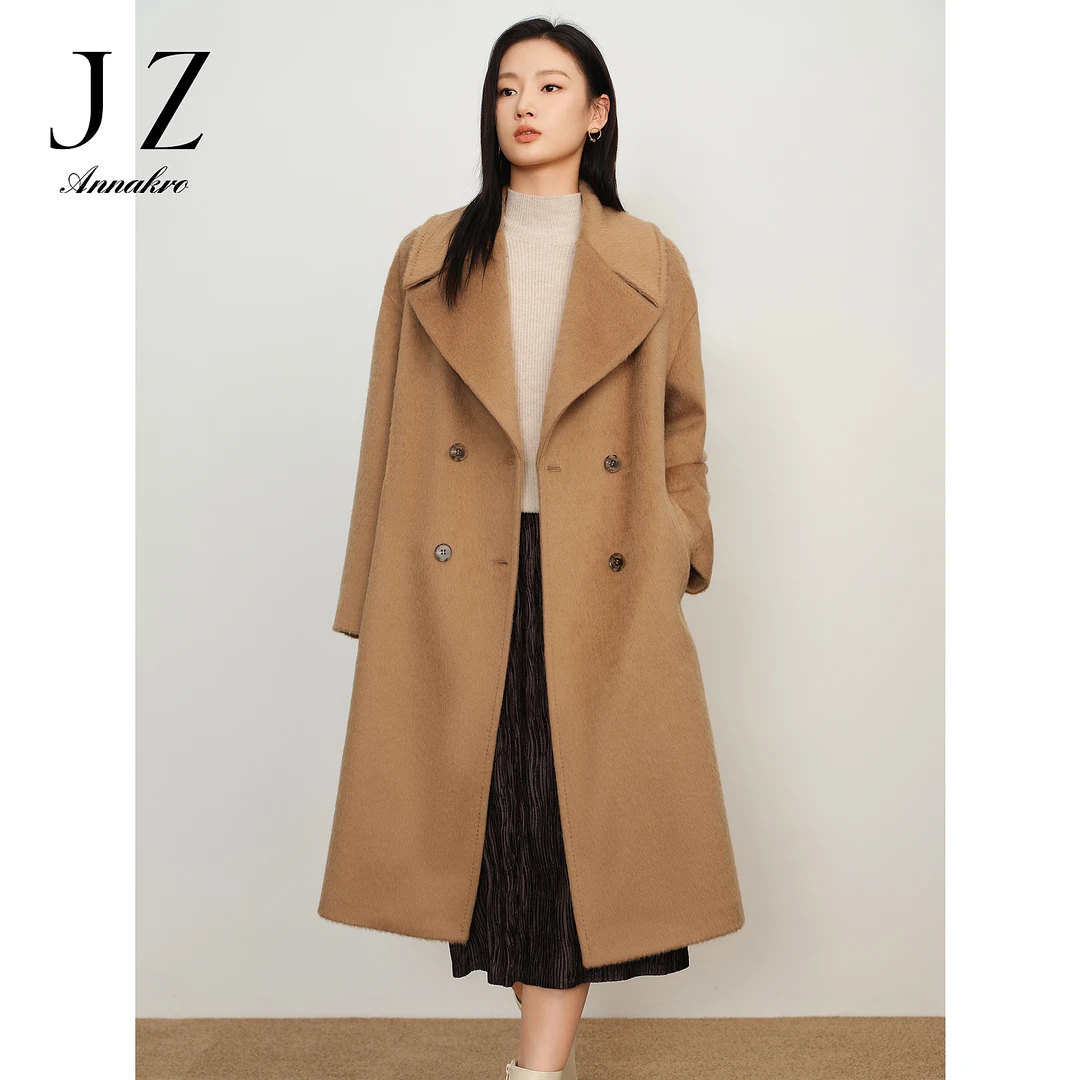 玖姿安娜蔻JTDD72136长毛绒感气质双排扣落肩热力感羊毛长大衣女