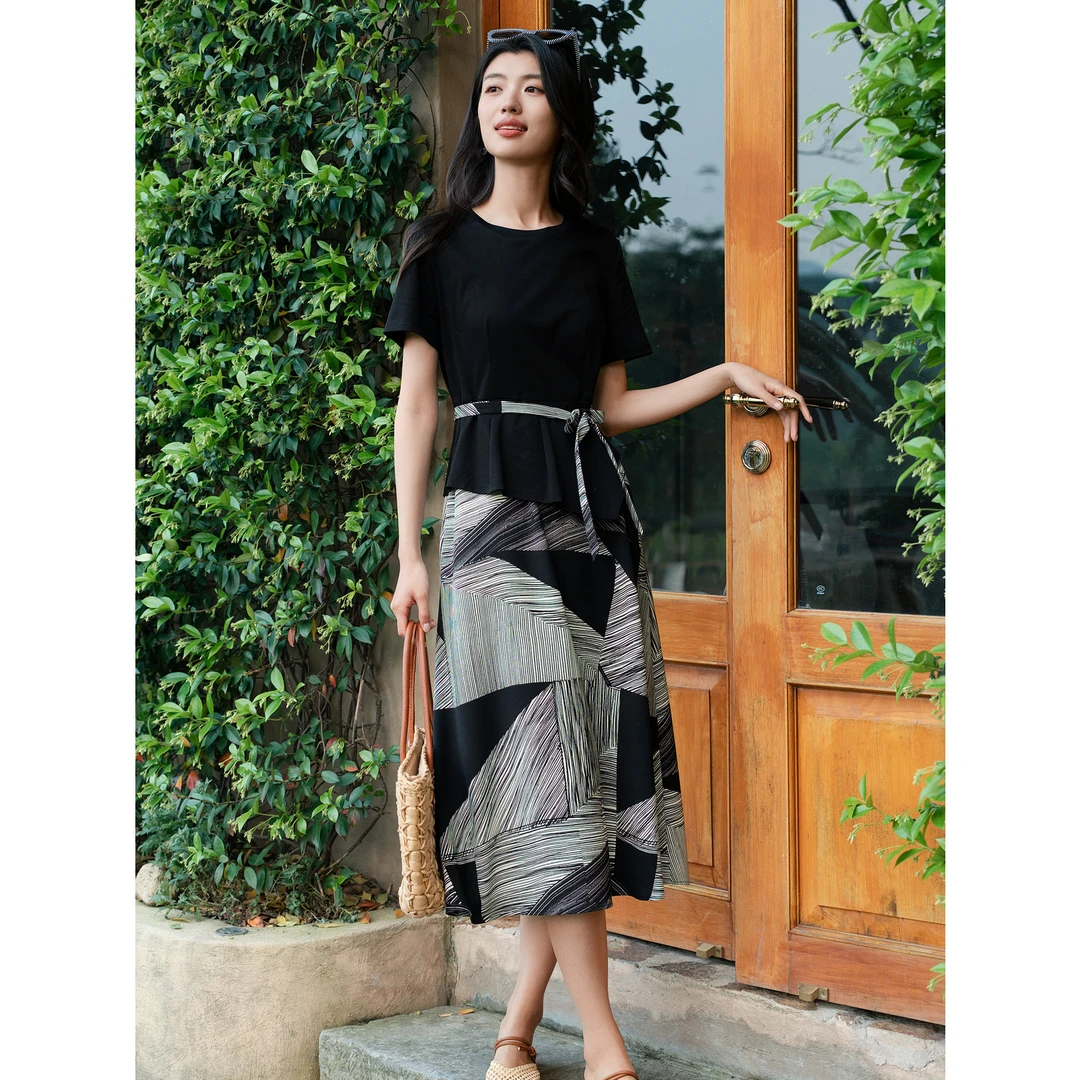 玖姿安娜蔻假两件拼接修身连衣裙女装夏季通勤JTEX50042