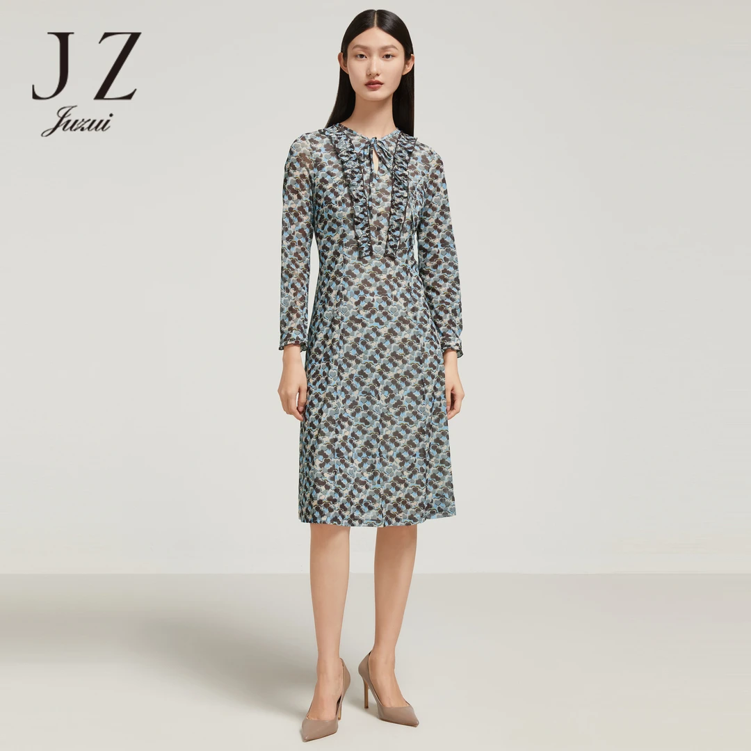 JZ玖姿通勤长袖连衣裙爱心印花魔力裙夏季气质女士优雅JTDQ50077