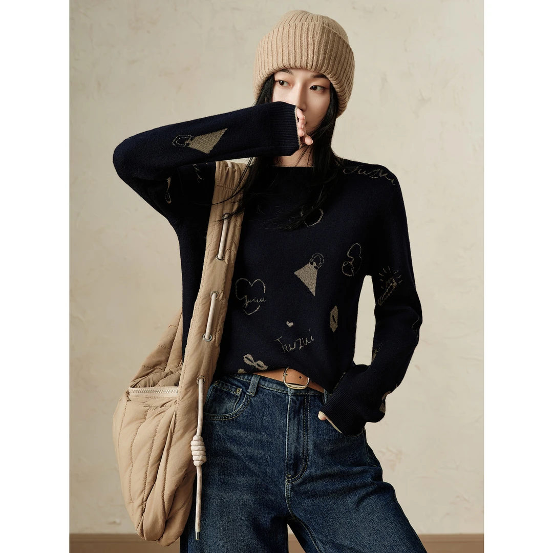 JZ玖姿绵羊毛毛衣亮丝提花图案女装通勤百搭冬季款JTCD31002