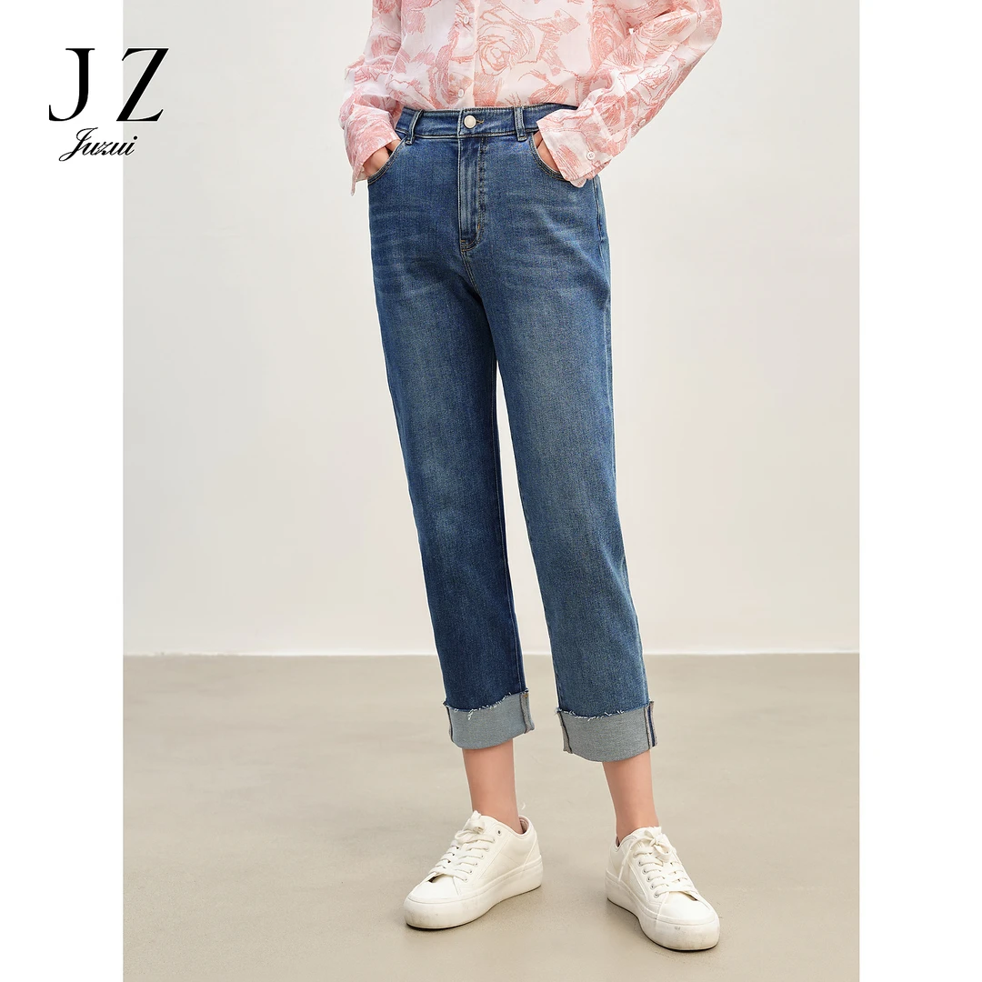 玖姿安娜蔻JTEC12127时髦通勤水洗弹力卷边直筒牛仔裤女2024
