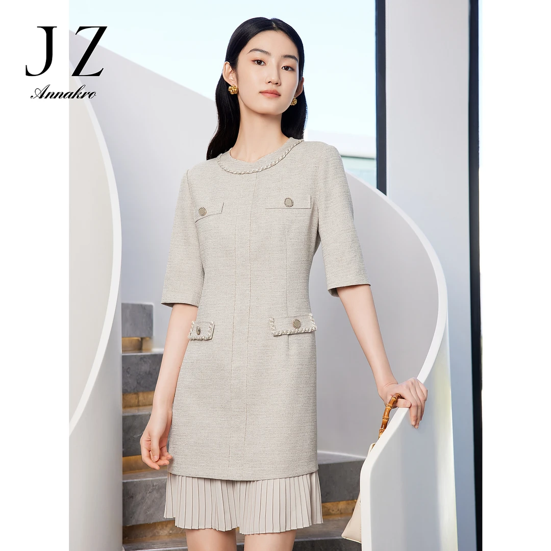 玖姿JTDX50068小香风连衣裙女装夏季款百褶假两件裙子