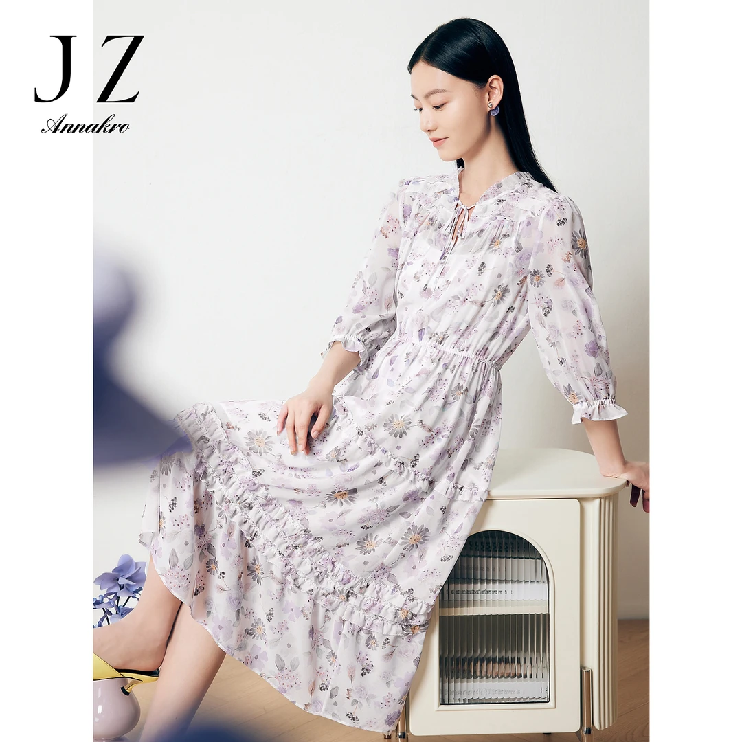 玖姿JTDX50238浪漫轻熟风木耳边宽松版雪纺连衣裙女装夏款