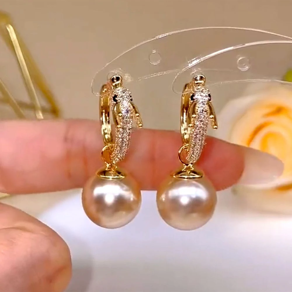 铜合金耳饰 镶钻龙形耳扣吊珠珠耳环ins风洋气质耳坠