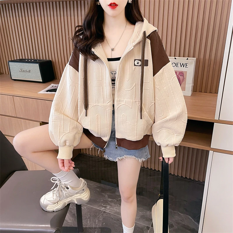大码女装韩系撞色连帽卫衣女2025年春秋新爆款高级感宽松外套上衣